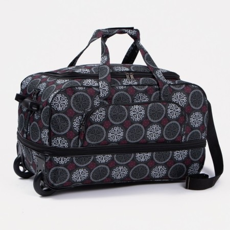 Road bag on wheels, a lightning department with an increase, an external pocket, a long belt, the color is gray