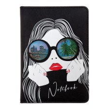 Note book A6+, 96 sheets, in a “girl in glasses”, a hard cover with artificial leather foam, an applique with an animated image, silkography, an offset block 70g/m2