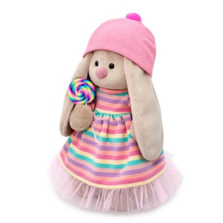 Soft toy "Bunny Mi" in a striped dress with a candy, 32 cm-2