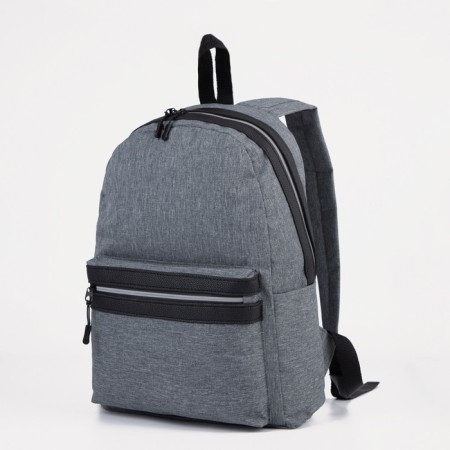 A backpack with a zipper, "saxi", outer pocket, gray color