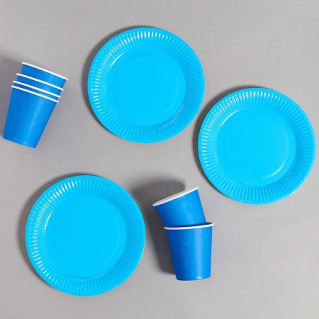 Set of paper dishes is disposable: 6 plates, 6 glasses, blue color-8