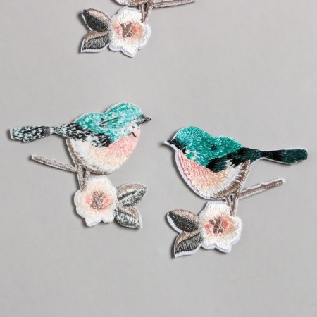 Decor for creativity Textile embroidery "Bird on a branch with a flower" 6.5x6.2 cm
