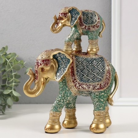 Polystone souvenir "Elephant with an elephant, chamomile on the ass" red-blue, sparkle 17x7x23 cm 103258