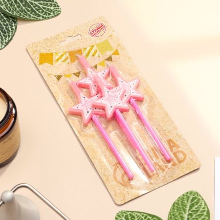 Candles for the cake, 4 pcs "Magic wand. Stars", pink-3
