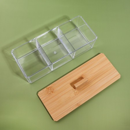 Bamboo organizer for storage, with a lid, 3 sections, 23.3 × 9.4 × 8.9 cm, the color is transparent/brown-7