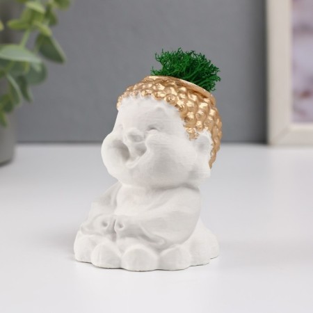 Concrete Kashpo "Buddha" 5.5x6.5x7 cm white with gold with moss (moss green stabilized)-3