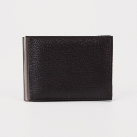 Building for bills with a metal holder, a department for cards, an outer pocket, brown color
