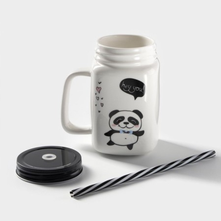 Ceramic mug with a metal lid and panda tube, 420 ml, MIX drawing-1