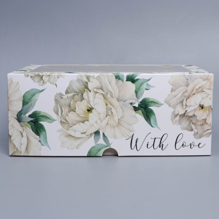 Capcake box, confectionery packaging with a window, 6 cells, “white peonies”, 25 x 17 x 10 cm-2