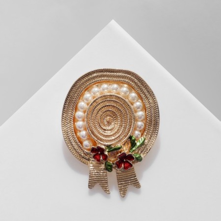 Brooch "Hat" with flowers, colored in gold