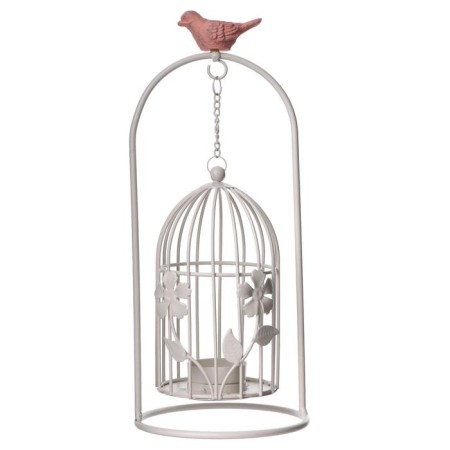 Summary Metal for 1 candle "A cage with flowers with pink bird" White 28.5x12x12 cm-5