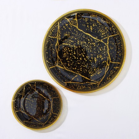 Set of table "stone", 7 objects: d = 30 cm - 1 pc, d = 18 cm - 6 pcs, black color with golden-1
