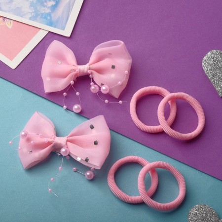 Hair set "Karapunka" (2 clamps, 4 elastic bands) Bassi bow, pink-1