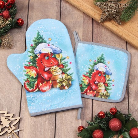Set of kitchen. "Drakosha": mittens 20x28 cm, severity 17x17 cm, 35% HL, 65% PE, Vatin 250 g/m2