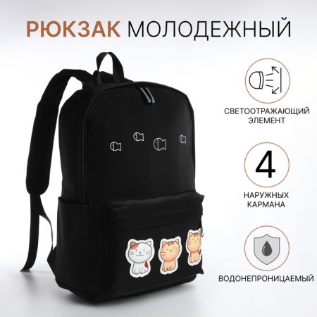 Youth backpack from textiles on a zipper, waterproof, 4 pockets, black color