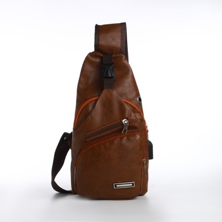 Male sling bag made of artificial leather, with USB, brown color