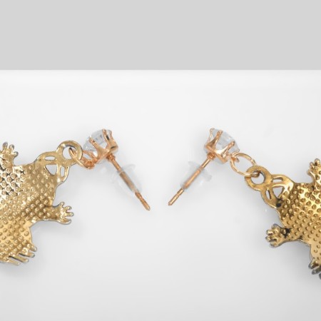 Earrings with rhinestones "frog" kids, lilac-white color in gold-2