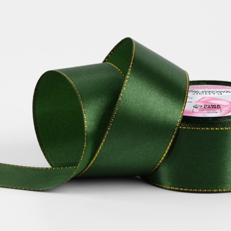 A satin ribbon “Golden threads”, 40 mm × 23 ± 1 m, green color No. 49