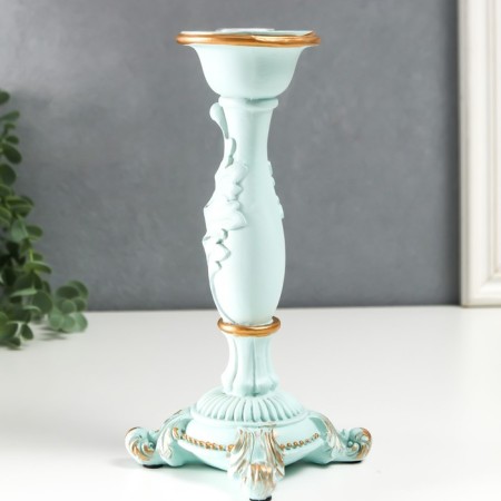 Polystone candlestick for 1 candle "lush sheet" of pale blue 21.5x9x9 cm-2