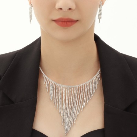 Set 2 objects: earrings, necklace "waterfall" ring, white color in silver, d = 13 cm-4