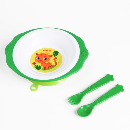 A set of children's dishes "Leopard", a plate on the suction cup 250ml, fork, spoon