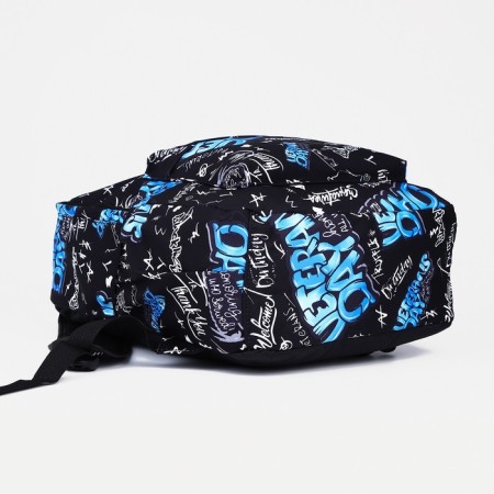 A backpack with a zipper, 3 external pockets, blue/black color-4