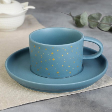 Tea couple ceramic with a matte coating "I love you", 200 ml, blue color-2