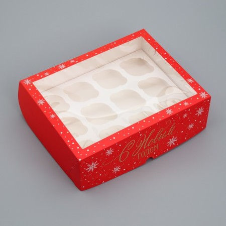 Folding box for 12 cupcakes with a “Happy New Year” window 32.8 x 25.6 x 10 cm, New Year-1