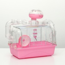 A cage for rodents with a tunnel, a remote house and filling, 47 x 30 x 38, cm, pink