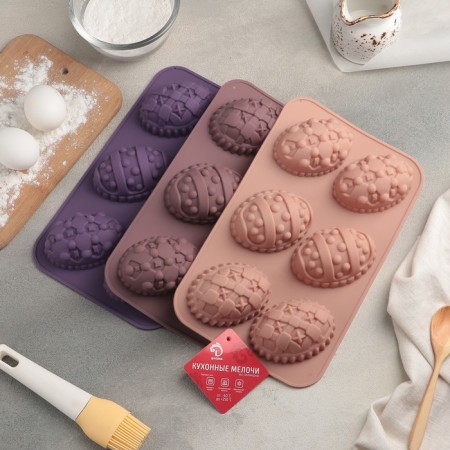 Silicone form for baking the share "Easter eggs", 27 × 16.5 cm, 6 cells (8.8 × 6 cm), color mix-3