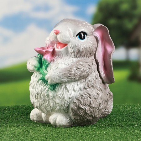 Garden figure "Hare with flower" gray, 24cm-1
