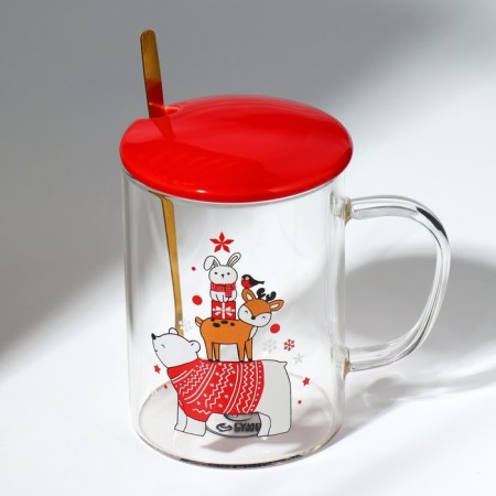 Glass mug with a spoon and cover "Beast", 470 ml-3