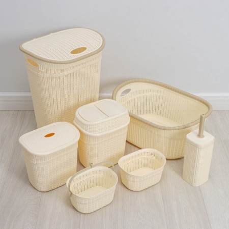 Set for the bathroom 7 objects: basket 4 pcs, basket for linen, bucket for garbage, ruff, beige color-1
