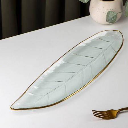 Glass serving dish "leaf", 11 × 40 cm, with a golden border-1