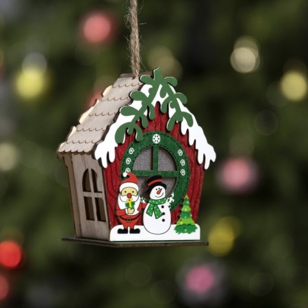 Christmas tree toy "hut with a snowman", from batteries, a glow of warm white-1