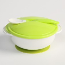 A set of children's dishes: a bowl on the suction cup 400 ml., With a lid, spoon, white/green color