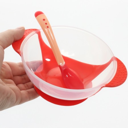 Feeding set: a bowl on the suction cup 340 ml., With a lid, a thermal engine, red-beige color-10
