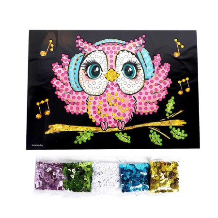 Application with sequins "Cute owl" + 5 colors of sequins of 7 g-1