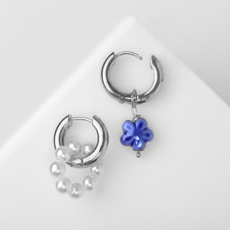 Earrings with the removable element "Transformer" flower, white-blue color in silver-2