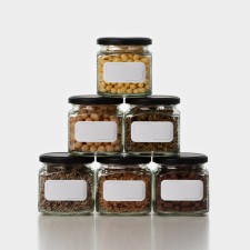 A set of glass cans with a black lid and label, TO-82, 0.39 L, 6 pcs
