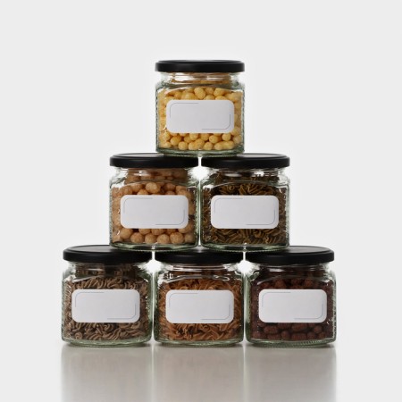 A set of glass cans with a black lid and label, TO-82, 0.39 L, 6 pcs