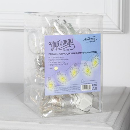 Garland “thread” 3 m with nozzles “heart bulbs”, ip20, transparent thread, 80 LED, glow warm white, 8 modes, 220 V-4