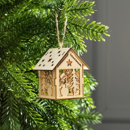 Christmas tree toy "House with a snowman", from batteries, a glow of warm white-1