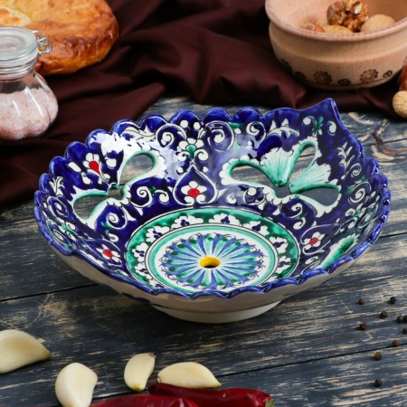 Rishtan ceramics "Flowers", 25 cm, blue, corrugated, oval