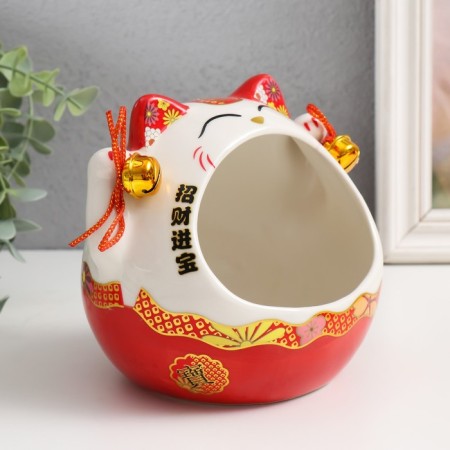 Souvenir Ceramics "Red cat manki-nako with bells" 12.5x16.5x14 cm-1