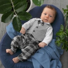 A set for the boy Kinderlitto “Young gentleman-4”, 3 subjects: cap, pants, body, height 56-62 cm, color gray melange