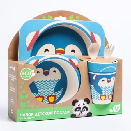 A set of children's bamboo dishes "Penguin", plate, bowl, glass, devices, 5 items-1