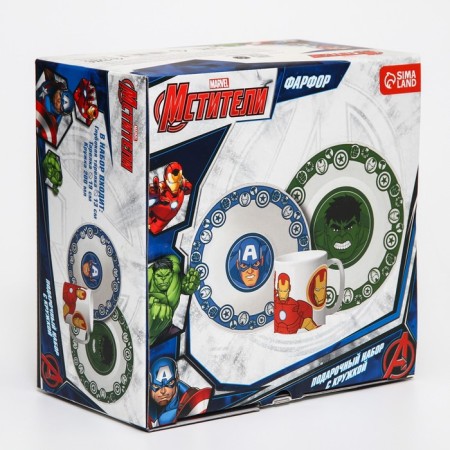 A set of ceramic dishes, 3 objects: plate Ø 16.5 cm, bowl Ø 14 cm, mug 200 ml, Avengers, Marvel-8