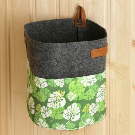 Organizer for storage with side handles, print green leaves, gray, 28x28x26 cm-1