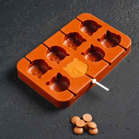 Form for the candy "cats", silicone, 16.5 × 11 × 1.7 cm, 8 cells, with sticks, brown color-5